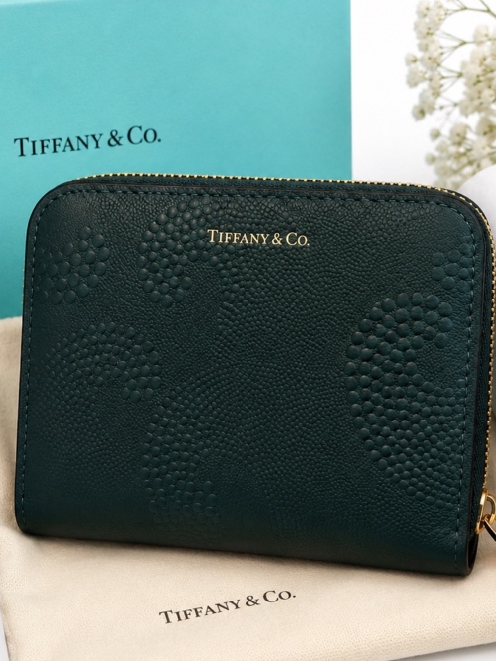 Tiffany & Co. Green Waves and Gold Zippered Wallet